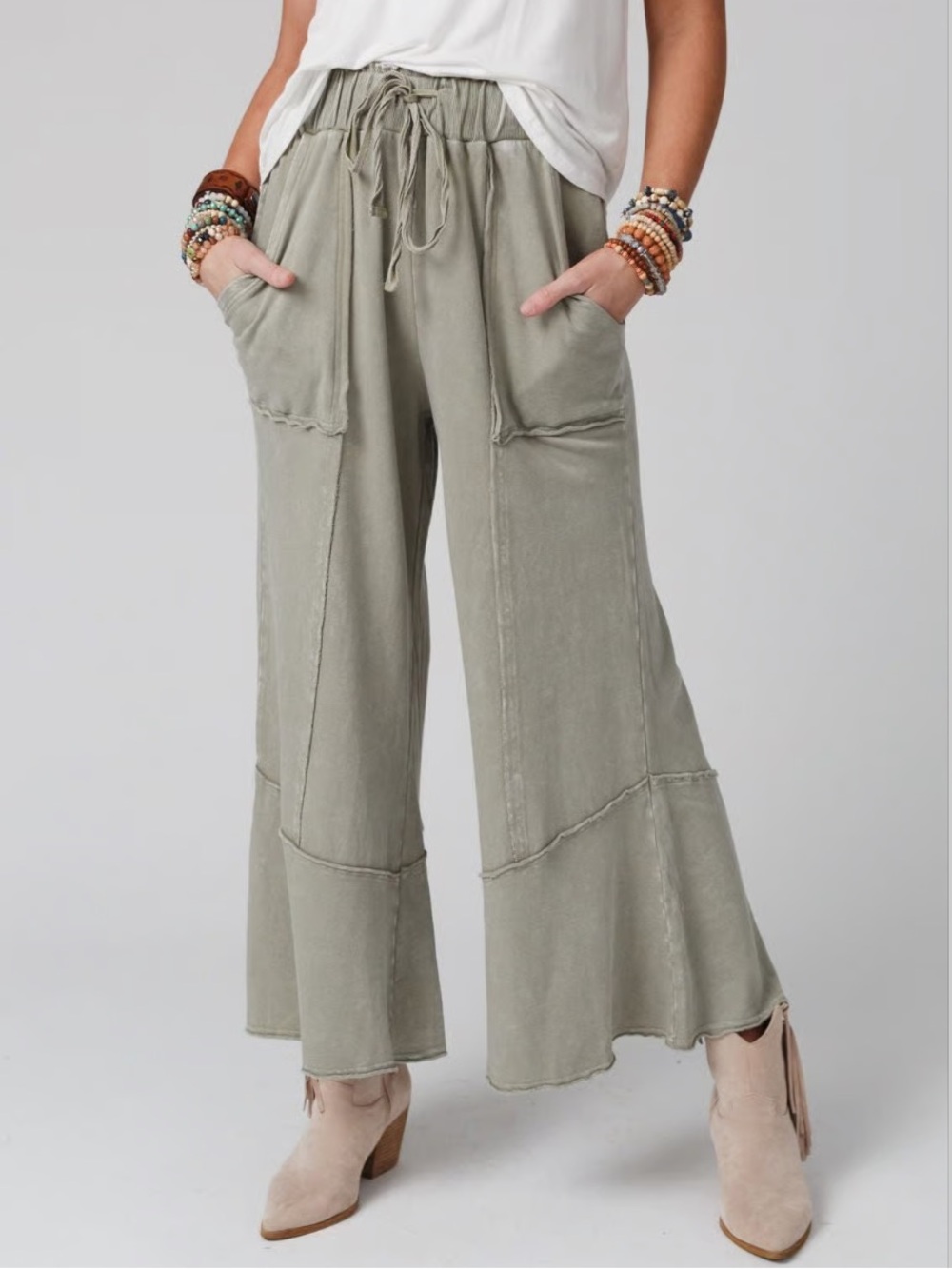 Three Birds Nest Feeling Good Wide Leg Pants Mineral Wash Green Baggy Large